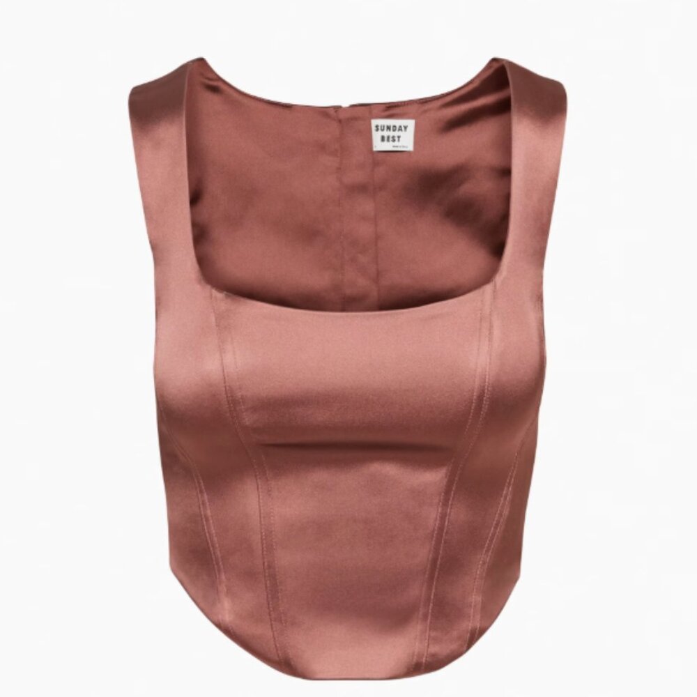 Aritzia Sunday Best Pink Satin Shiloh Bustier Corset Sleeveless Crop Tank $78.00 - Picture 2 of 14
